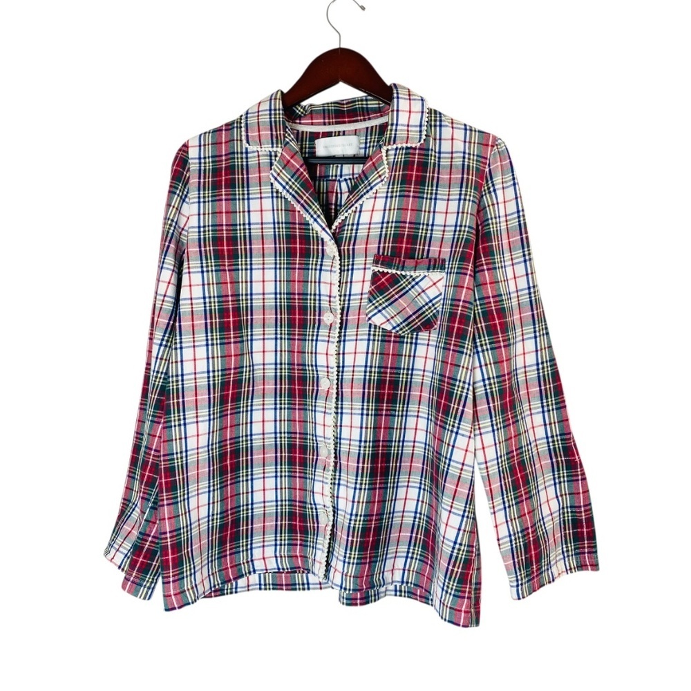 VICTORIA’S SECRET Plaid Pajama Silver Lurex Flannel 98% Cotton Pom Pom Trim L - Picture 2 of 13